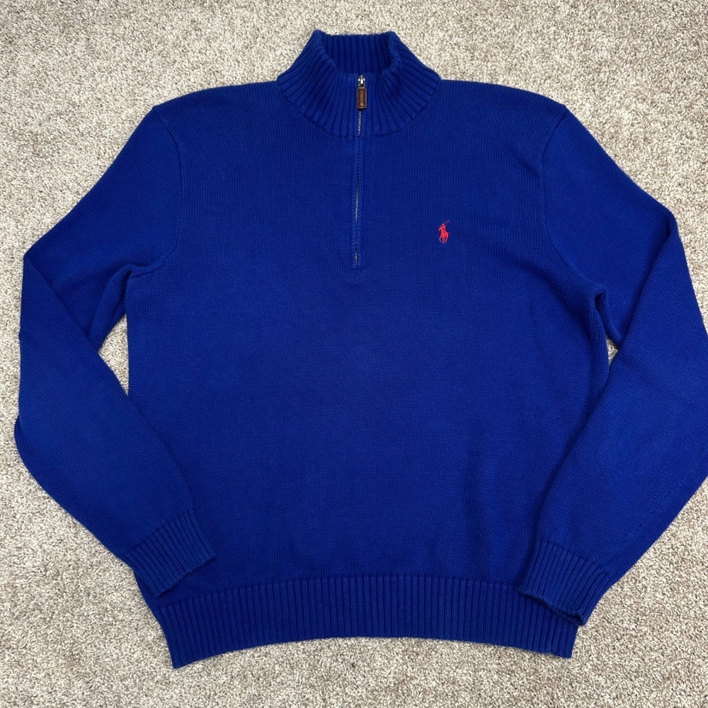 Vintage y2k Polo Ralph Lauren 1/4 Zip Sweater Pullover Men‎ Size Large Blue - Picture 2 of 8